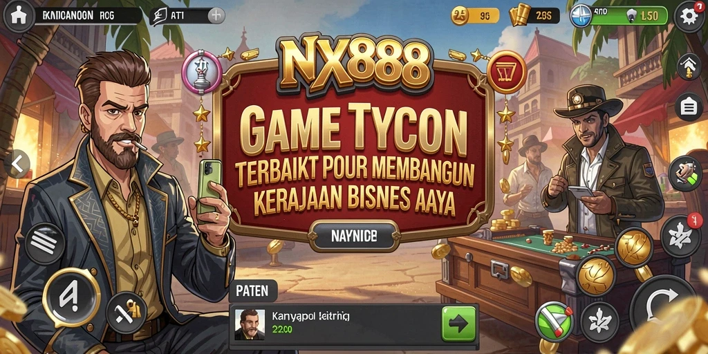 Tampilan gameplay NX888 menampilkan kota bisnis yang ramai dengan aktivitas.